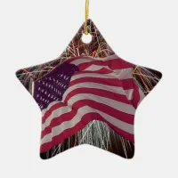 American Flag and Fireworks Ceramic Ornament