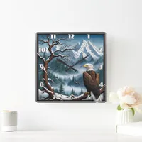 Majestic Eagle Perched in Snowy Mountain Landscape Square Wall Clock