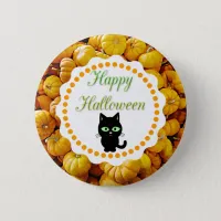 Happy Halloween Pumpkins Black Cat Button