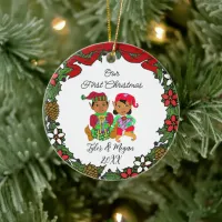 Cute Personalized Our First Christmas Elves Ceramic Ornament