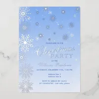 Modern Snowflake Snow Blue Winter Christmas Party Foil Invitation