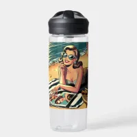 Retro Woman at Beach reading a Fashion Magazine Water Bottle