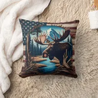 Moose in Front of Mountain and American Flag Throw Pillow