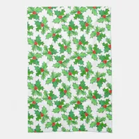 Holly Leaves, Berries, Red, Green Floral Christmas Kitchen Towel