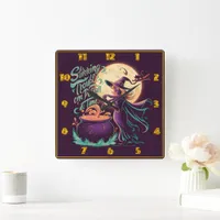 A witch brews potions under a full moon at night square wall clock