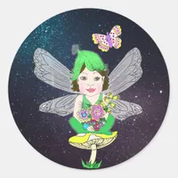 Whimsical Little Elf Fairy, Mushroom and Butterfly Classic Round Sticker