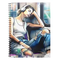Woman Sleeping on the Subway Listening to Music Notebook