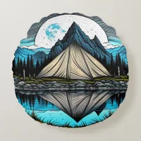 Reflection of a Tent on the Lake in the Mountains Round Pillow