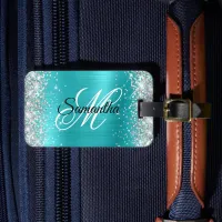 Silver Glitter Turquoise Blue Foil Fancy Monogram Luggage Tag