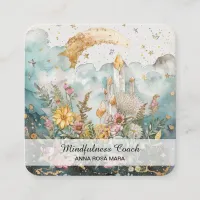 *~* AP70 Ethereal Rising Moon Flowers QR Floral Square Business Card