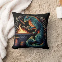 Colorful Cat Blacksmith Forging Tools at Night Throw Pillow