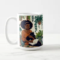 Woman Relaxing with her cat, book and plants Coffee Mug