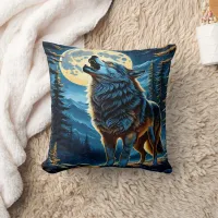 Howling Wolf Under Full Moon.  Throw Pillow