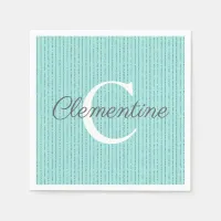 Turquoise Teal Glitter Stripes Girly Monogram Napkins