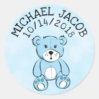 Personalized Blue Baby Teddy Bear Announcement Classic Round Sticker