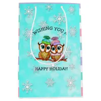 Happy Holidays, Festive Owls with Snowflakes Medium Gift Bag