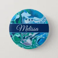 Personalized Blue Green Digital Marble Fluid Art   Button