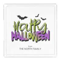 Happy Halloween Typography w/Bats Green ID685 Acrylic Tray