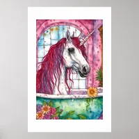 Adorable Watercolor Pink Mane Unicorn Bathtime  Poster