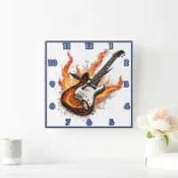 Guitar with flames and notes swirling square wall clock