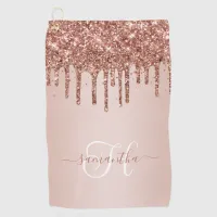 Monogrammed Rose Gold Dripping Glitter Blush Golf Towel