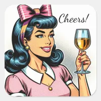 Cheers! Retro Lady with Glass of Wine Square Sticker