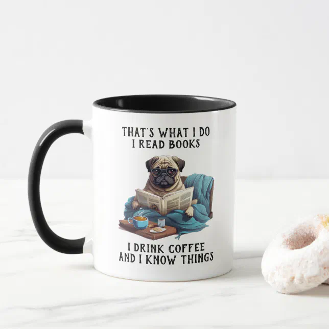 Pug Reading Books and Drinking Coffee Mug