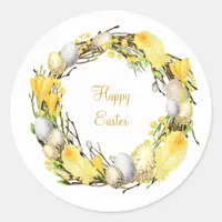 Easter Wreath with Eggs and Yellow Feathers Classic Round Sticker