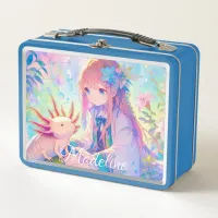 Anime Girl and Axolotl Personalized Metal Lunch Box