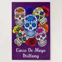 Sugar Skulls Colorful Roses Cinco All Souls Name Jigsaw Puzzle