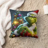 Grinch scheming by the Christmas tree Throw Pillow