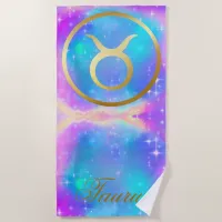 Zodiac Sign Taurus Gold on Colorful Background | Beach Towel