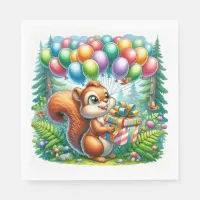 Cute Watercolor Cartoon Squirrel Birthday Napkins