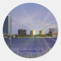 Lake Charles, LA Skyline with Sunburst Classic Round Sticker