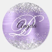 Silver Glitter Light Purple Foil Fancy Monogram Classic Round Sticker