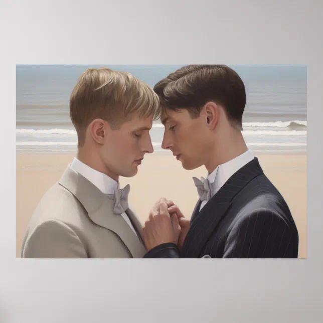 Two men at their beach wedding poster