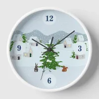 Winter village with snow, bunny, squirrel and pine clock