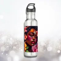 Pretty Lady of Color Pink Flowers Musical Notes Stainless Steel Water Bottle