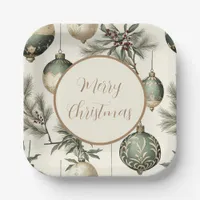 Sage Green and Gold Christmas Ornaments Paper Plates