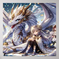 Anime Girl and White and Gold Dragon  Poster