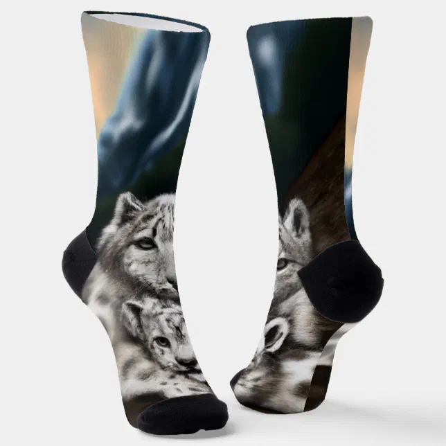 Mother Snow Leopard and Cub in the Mountains Socks