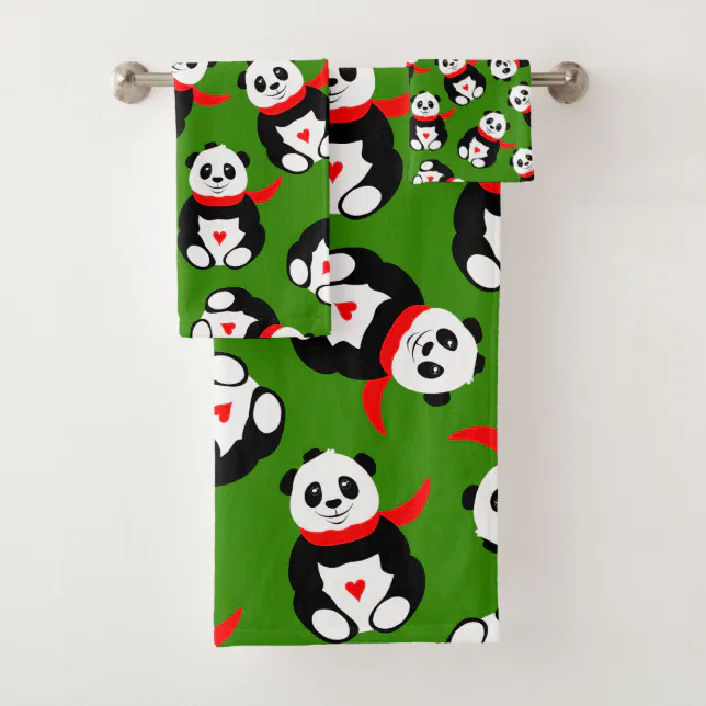Cute Pandas with British Bowler Hats & Red Scarves Bath Towel Set