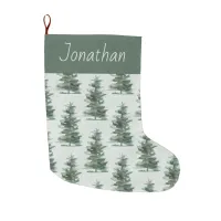 Classic Green Watercolor Pine Tree Large Christmas Stocking