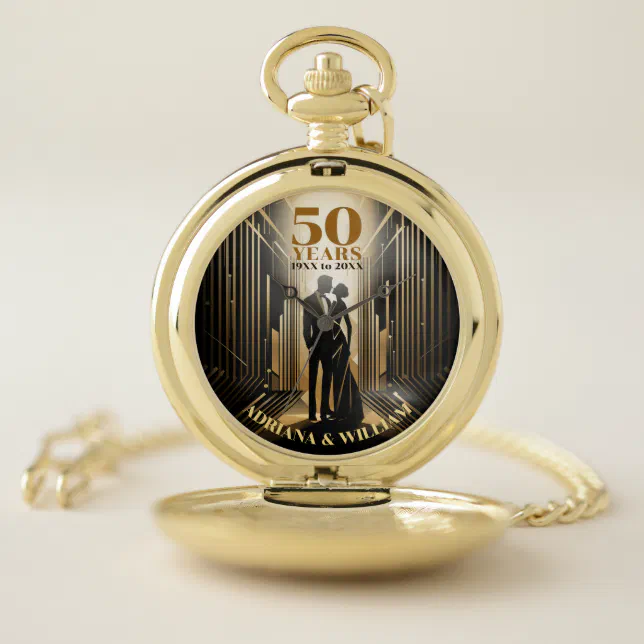 Art Deco Retro Black & Gold Wedding Anniversary Pocket Watch