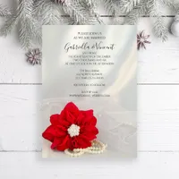 Red Poinsettia and White Pearls Winter Wedding Invitation