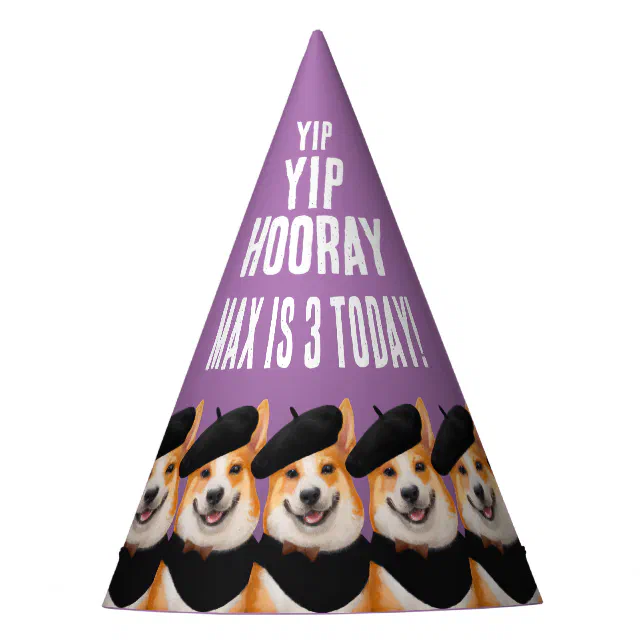 Cute Chic Corgi Dogs Yip Yip Hooray Happy Birthday Party Hat