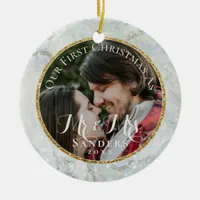 Newlyweds Photo Gold Glitter Marble Christmas Tree Ceramic Ornament