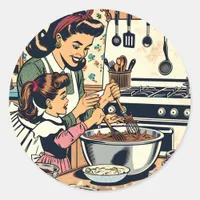 Cute Retro Mom and Daughter Baking Together Classic Round Sticker