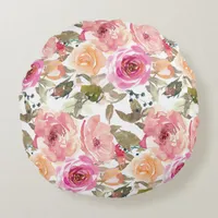 Watercolor Pretty Pink Floral Round Pillow