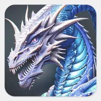Cool White and Blue Dragon Ai Art Square Sticker